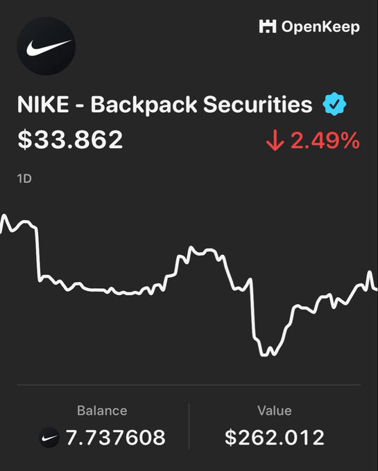 A cryptocurrency/crypto price tracking app screenshot displays 'NIKE - Backpack Securities' with a Nike logo, showing a price of $33.862 with a 2.49% decline, a balance of 7.737608, and value of $262.012.