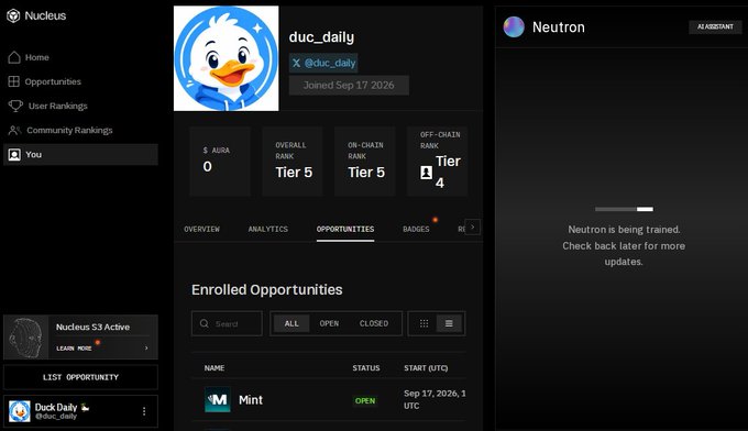 Image 10: Caption: A screenshot of a dark-themed dashboard for a platform called "Nucleus", displaying a user profile for "duc_daily" with a duck avatar. The profile shows rankings across categories like "OVERALL RANK" and "OFF-CHAIN BANK RANK", along with an "Enrolled Opportunities" tab showing an open listing for "Mint".