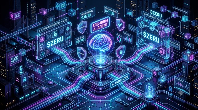 A futuristic cyberpunk-style illustration depicts a glowing AI brain at the center, labeled "ERC-8004 AI AGENT," connected through neon circuit pathways to blockchain-integrated nodes displaying "SZERU," "TRUST SCORE 9.8/10," "BLOCKCHAIN-INTEGRATED AI CORE," and "AI AGENT CORE." The visual directly represents the post's theme of $ZERU and the ERC-8004 standard establishing trust for autonomous AI agents managing onchain capital through verifiable behavioral history rather than human KYC.