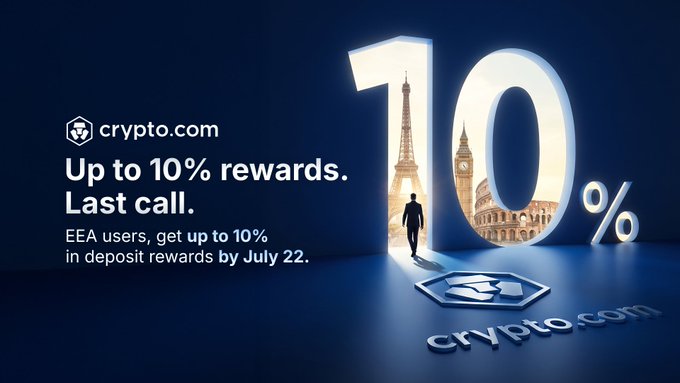 This crypto.com advertisement visually promotes "Up to 10% rewards" for EEA users depositing by July 22nd, using iconic European landmarks to represent the offer. This image directly supports the accompanying post's urgency and geographic focus.