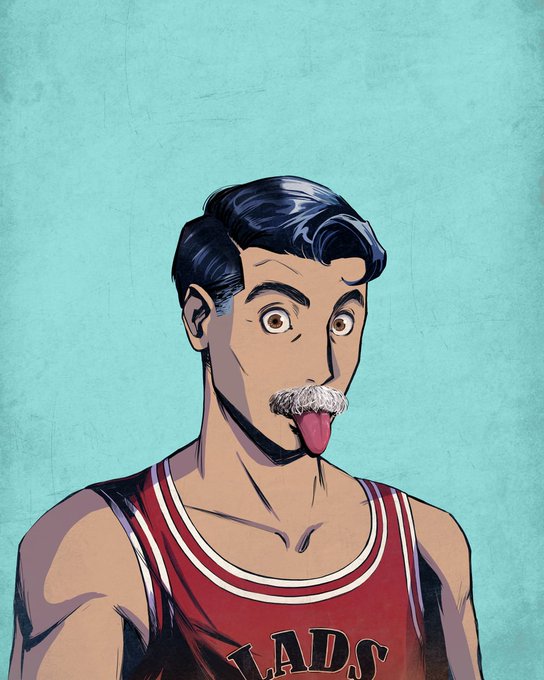 A stylized pop-art portrait of a man with a white mustache and tongue sticking out, wearing a red basketball jersey reading "LADS" against a turquoise background.