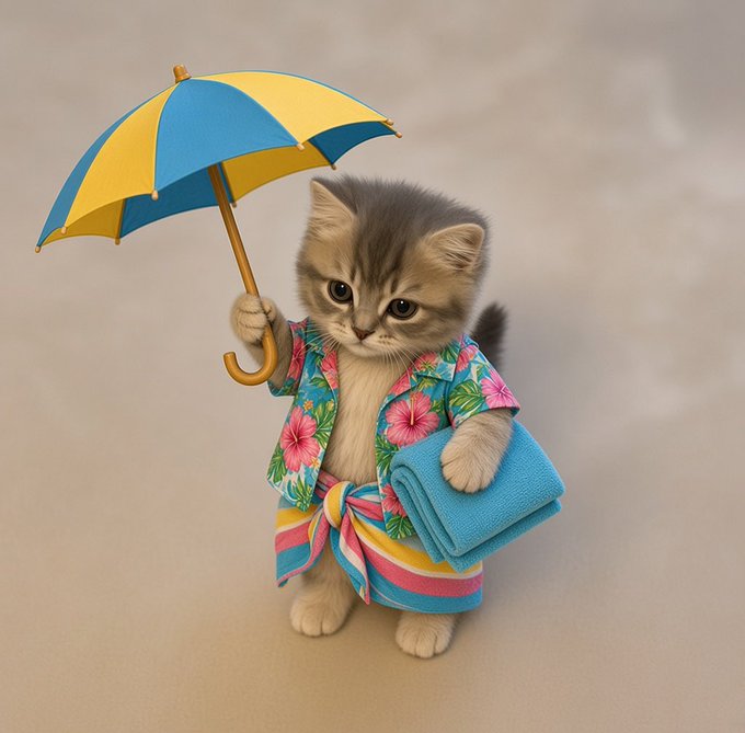 An AI-generated image of a fluffy gray and white kitten wearing a colorful Hawaiian floral shirt and striped shorts, holding a small blue and yellow umbrella and a folded blue towel on a beach.