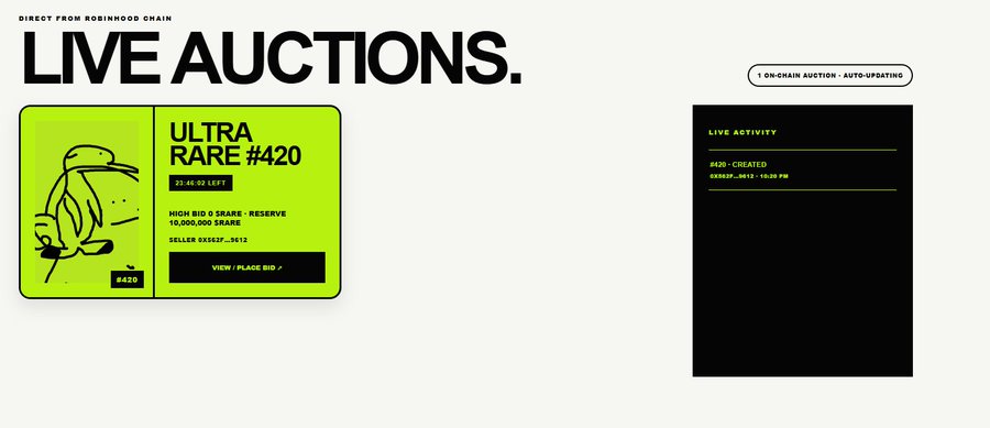 A webpage screenshot showing 'LIVE AUCTIONS.' from Robinhood Chain, featuring a green 'ULTRA RARE #420' auction card and a 'LIVE ACTIVITY' panel.