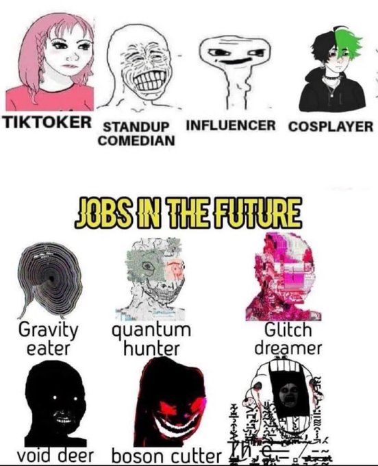 The image shows a meme with several different faces, each representing a different job or role. One of the faces is a person wearing a black shirt that says "TikToker", while another face has a pink shirt that says "Influencer". There are also other faces in various roles such as "Comedian" and "Job in the Future". The meme includes text that reads, "Linn's Leverage #1032 is out: (Link in tweet below) @boros_fi @pendle_fi @maplefinance @Theo_Network @KyanExchange @Mantle_Official Like/Repost to support:".