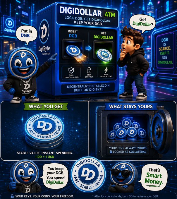 The image is a colorful promotional infographic for "DigiDollar ATM," showing how users can lock their DigiByte ($DGB) to receive DigiDollar, a decentralized stablecoin where 1 DD = 1 USD, while keeping their DGB safely as collateral until they choose to redeem it.