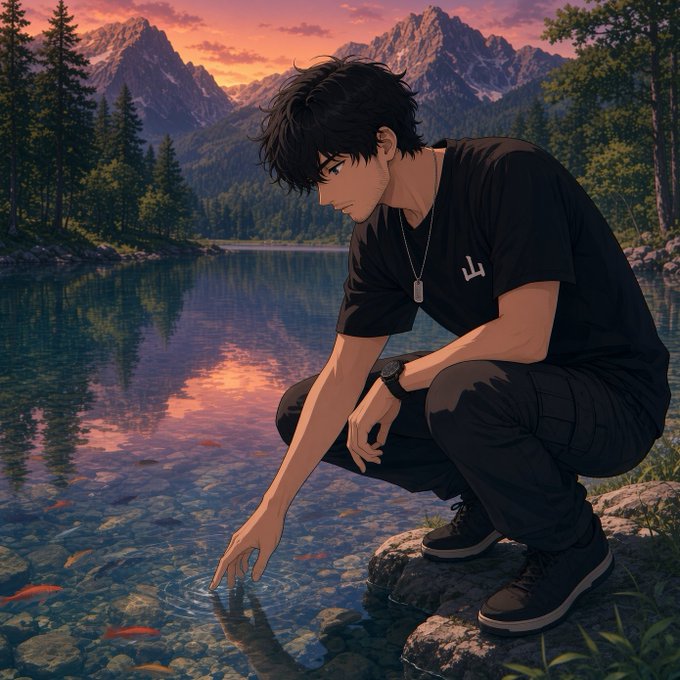 An anime-style illustration of a young man with messy black hair, wearing a black t-shirt and dog tag necklace, crouching by a mountain lake at sunset and touching the water's edge.