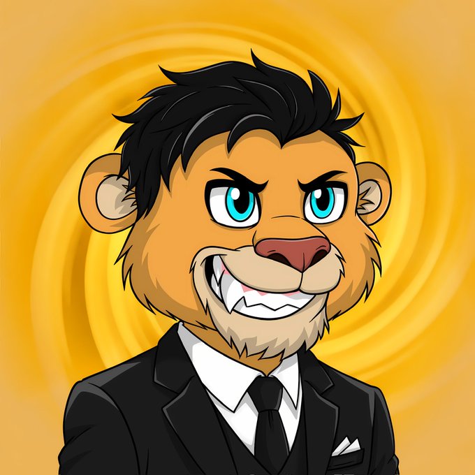 The image features a cartoon-style lion with black hair, bright blue eyes, and a sharp-toothed grin, dressed in a sharp black suit and tie against a swirling yellow background. It represents the "Lazy Lions" NFT community brand referenced in the post, likely as a custom 1/1 cub avatar prize won from a re-roll event designed by artist @0xRizzio.
