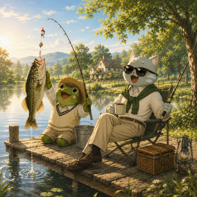 An illustrated scene of a white cat wearing sunglasses and a green scarf sitting in a folding chair beside a frog in a sweater and straw hat, who is holding up a large bass fish on a fishing line by a peaceful lakeside.