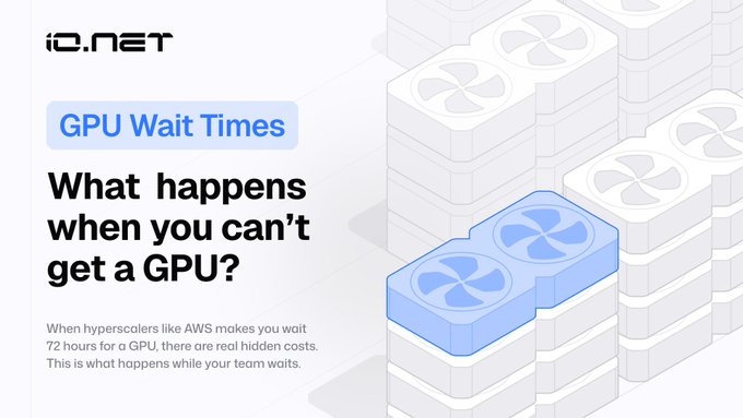 The image is a promotional graphic from io.net titled "GPU Wait Times: What happens when you can't get a GPU?" It features stylized 3D illustrations of stacked GPU modules with fan designs, with one module highlighted in blue to draw attention. The caption explains that while a 72-hour wait for an H100 GPU shows $0 on an AWS invoice, the hidden costs of idle ML teams (such as wasted salaries of $5,400+) make the actual expense far higher—aligning with the post's point that the real cost of GPU wait times often dwarfs the billed amount.