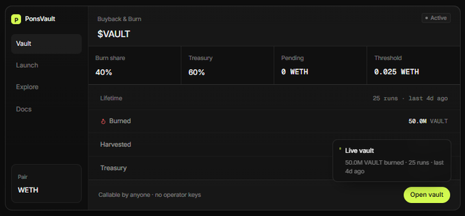 A screenshot of the PonsVault dashboard for $VAULT shows 50.0M $VAULT burned and 50.0M in treasury across 25 autonomous runs, with a 40% burn share, 60% treasury split, and a 0.025 WETH threshold, illustrating the fully autonomous token economy described in the post.