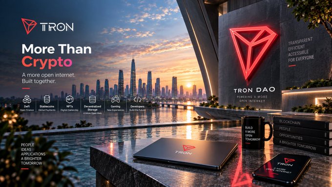 A promotional graphic for TRON DAO, featuring the text "More Than Crypto," "A more open internet. Build together," and icons representing features like Open Finance, Global Payments, and NFTs, set against a cityscape at sunset.