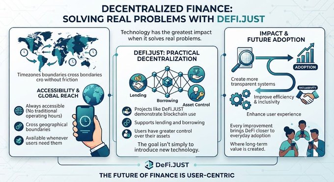 An infographic titled 'DECENTRALIZED FINANCE: SOLVING REAL PROBLEMS WITH DEFI.JUST' featuring three columns about accessibility and global reach, practical decentralization (lending, borrowing, asset control), and impact and future adoption, branded by DeFi.JUST with the tagline 'THE FUTURE OF FINANCE IS USER-CENTRIC'.