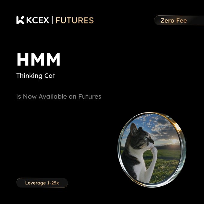 An announcement graphic for KCEX Futures features a 'Thinking Cat' meme logo and advertises that the HMM token is now available with 1-25x leverage and zero fees.