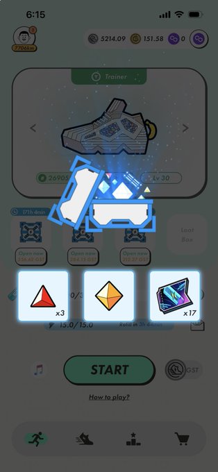 A mobile game screen showing a shoe NFT or item being upgraded, with a progress bar at 26.96% and a level of 30, with 'START' button at the bottom.