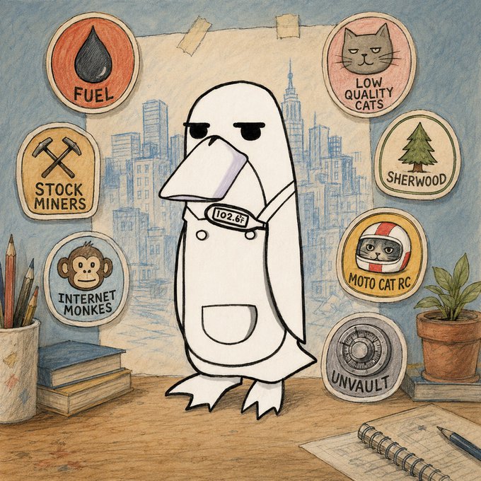 A stylized penguin character labeled "102.6°F" stands in a sketchbook surrounded by illustrated badges for NFT projects including "FUEL," "STOCK MINERS," "LOW QUALITY CATS," "SHERWOOD," "INTERNET MONKES," "MOTO CAT RC," and "UNVAULT," visually representing the author's NFT portfolio with $FUEL highlighted as their current holding around a $150k market cap.
