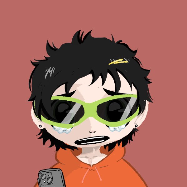 An illustrated chibi anime character with messy black hair, large green sunglasses, tears, and an orange hoodie, holding a phone.