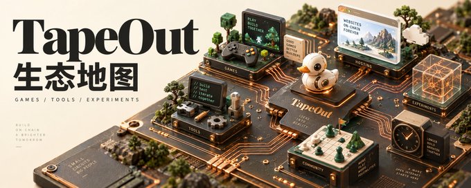 A banner-style image displays the "TapeOut 生态地图" (TapeOut Ecosystem Map) with the subtitle "GAMES / TOOLS / EXPERIMENTS," showcasing an isometric 3D-rendered circuit board design with categories like CAMES, HOSTING, TOOLS, EXPERIMENTS, and COMMUNITY arranged around a central TapeOut logo featuring a small duck mascot.

The image visually reinforces the post's excitement by presenting a comprehensive ecosystem blueprint, suggesting that TapeOut has already established a multi-faceted platform spanning games, tools, and experiments—which fuels the poster's optimism about the project's growth potential.