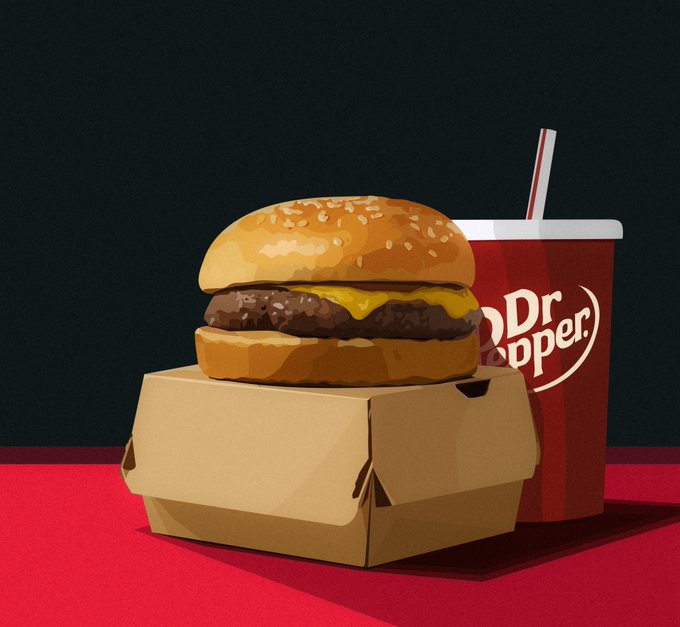 A stylized illustration of a cheeseburger on a brown cardboard box next to a red and white 'Dr Pepper' cup with a straw, set against a dark background with a red surface.
