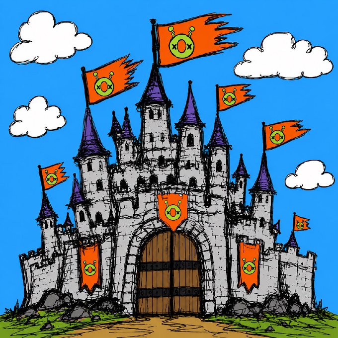An illustration of a gray stone castle with purple-roofed towers, decorated with orange flags featuring a green alien-like emblem, set against a backdrop of blue sky and white clouds.