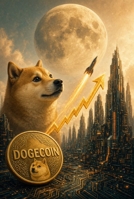 A digital artwork depicting a Shiba Inu dog with a Dogecoin coin, a rocket launching upward with a rising arrow, set against a futuristic cityscape and large moon.