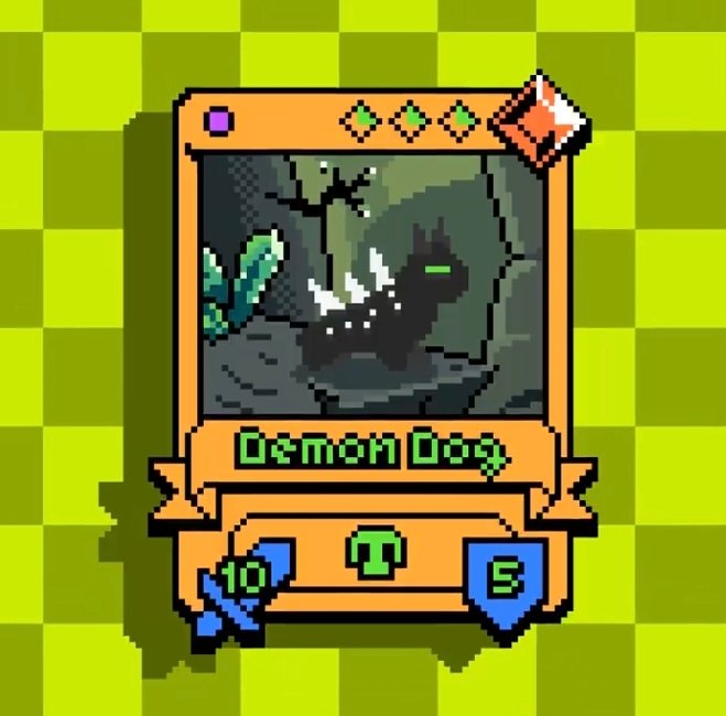 A pixel-art trading card labeled "Demon Dog" featuring a dark, horned canine creature with glowing green eyes, priced at 10 with stats of 3 diamonds and a green "T" symbol, displayed against a checkered green background. The card is being offered as a giveaway prize for seven guaranteed spots in an Insomnus NFT raffle.