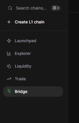 A dark-themed sidebar menu displays navigation options including "Search chains...", "Create L1 chain", "Launchpad", "Explorer", "Liquidity", "Trade", and the highlighted "Bridge" tab in green. The image illustrates the "Bridge" step mentioned in the post, showing the interface where users would navigate to wrap their tokens as part of the $CNPY airdrop process.