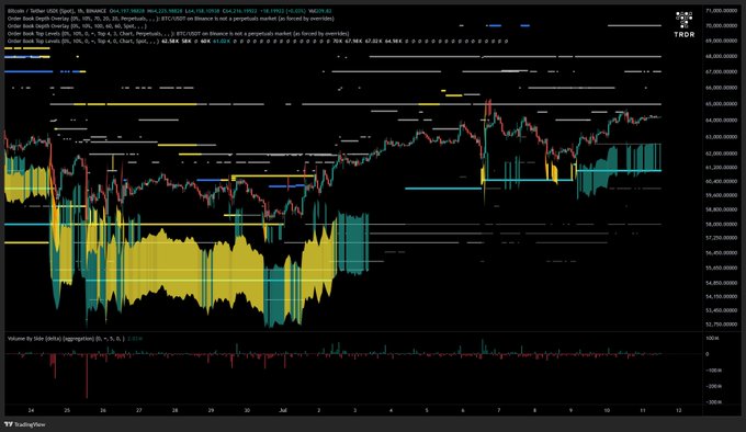 A TradingView chart of Bitcoin/USD (BINANCE) showing price action with various technical indicators and order book depth overlays from late June to early July.
