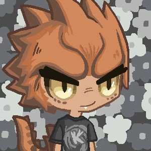 A cartoon illustration of an orange-haired cat-like character with yellow eyes, freckles, a small fang, and a black t-shirt featuring a 'K' logo.