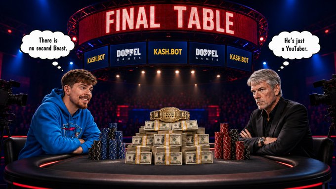 An AI-generated image depicting a poker 'FINAL TABLE' with two men, stacks of cash, and speech bubbles reading 'There is no second Beast' and 'He's just a YouTuber'.