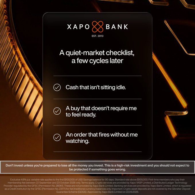 Xapo Bank advertisement with the headline 'A quiet-market checklist, a few cycles later,' highlighting three features: cash that isn't sitting idle, a buy that doesn't require feeling ready, and an order that fires without watching.