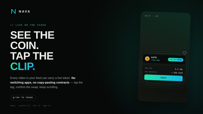 A promotional graphic for the NAVA app with text 'SEE THE COIN. TAP THE CLIP.' explaining how every video in the feed can carry a live token, with a smartphone mockup showing a CATE token swap interface.