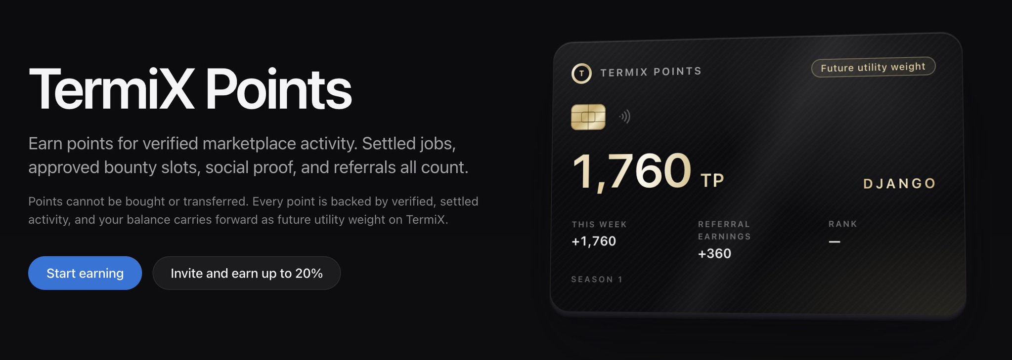 A promotional graphic for "Termix Points" on a black background, displaying a digital card with a balance of "1,760 TP" for user "DJANGO" alongside "Start earning" and "Invite and earn up to 20%" buttons.
