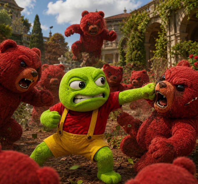 A green, fuzzy humanoid character in yellow overalls and a red shirt fights aggressively against multiple red teddy bears in a garden courtyard setting.
