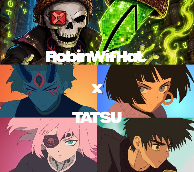 An anime-style crossover image featuring RobinWifHat (a character in a straw hat) above four anime characters with the text 'x TATSU'.