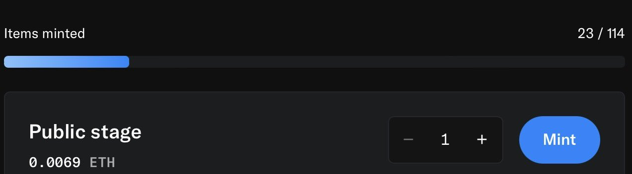 A user interface shows an 'Items minted' progress bar at 23/114 for a 'Public stage' priced at 0.0069 ETH, alongside a 'Mint' button.