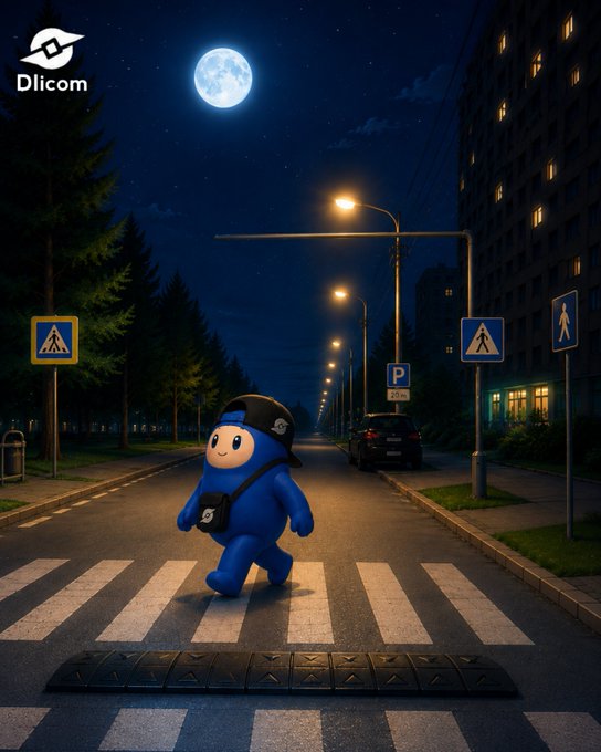 A blue mascot character wearing a backwards cap crosses a moonlit street at a pedestrian crosswalk equipped with a rubber speed bump, with the "Dlicom" logo visible in the top left corner—illustrating the post's caption of "Dili walking home through the moonlight rushing to get to sleep" under the full moon.