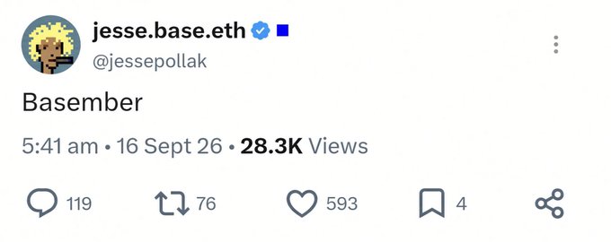 A tweet from Jesse Pollak (@jessepollak) displaying only the word "Basember," posted on September 16, 2026, at 5:41 am, with 28.3K views, 593 likes, 76 retweets, and 119 replies. The post appears to be a cryptic hint that the crypto community is interpreting as a possible tease for a $BASE token generation event (TGE) in Q4.