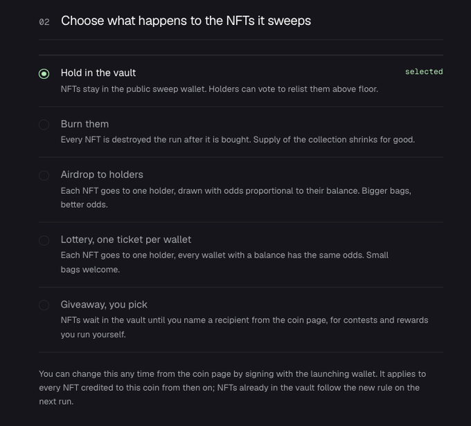 A settings menu titled "Choose what happens to the NFTs it sweeps" with options including "Hold in the vault" (selected), "Burn them," "Airdrop to holders," "Lottery," and "Giveaway."