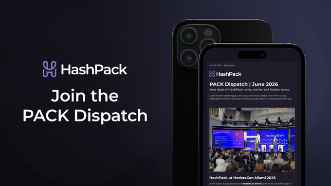 A promotional graphic for HashPack's "PACK Dispatch | June 2026" newsletter, featuring an iPhone displaying the publication with an image of a HederaCon Miami event, alongside the text "Join the PACK Dispatch." The image visually promotes the newsletter mentioned in the post, which highlights ecosystem developments including MonolithFi, deadpixels_club, and Helixgroup's NFT NYC presence.