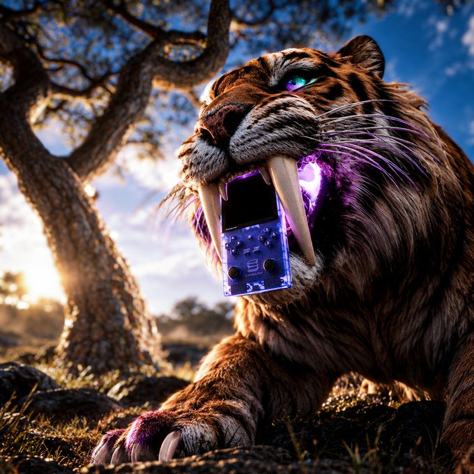 A saber-toothed tiger with glowing purple accents snarls menacingly, clutching a PlayStation 1 console in its jaws—perfectly capturing the primal urge to "Grab your PSG1" before the beast claims it.