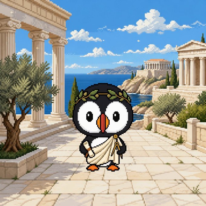 Pixel art illustration of a penguin character dressed in a Greek toga with a laurel wreath, holding a scroll, standing on a stone pathway with classical Greek columns and Mediterranean sea views in the background.