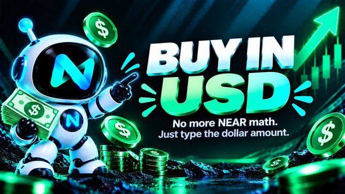 A promotional graphic for a crypto platform featuring a robot mascot with 'N' logos, surrounded by stacks of dollar bills and coins, with text reading 'BUY IN USD - No more NEAR math. Just type the dollar amount.'