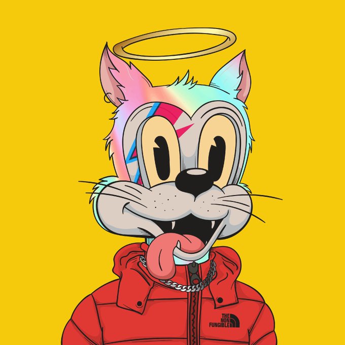 A cartoon cat character with a pastel gradient fur, a halo above its head, and its tongue sticking out, wearing a red jacket with 'The North Fungible' logo, set against a yellow background.