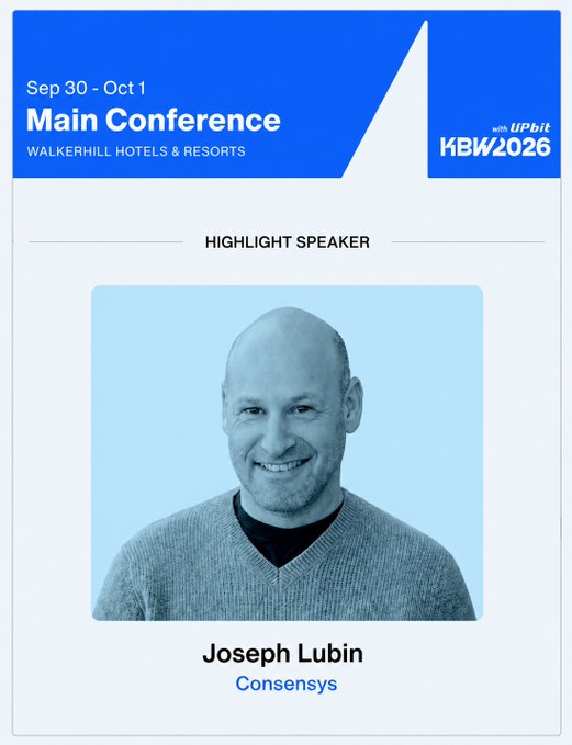 A KBW2026 conference announcement (Sep 30 - Oct 1 at Walkerhill Hotels & Resorts) highlighting speaker 'Joseph Lubin' from Consensys.