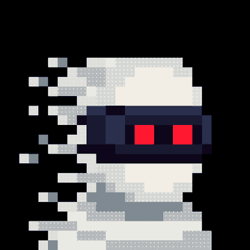 A pixel art character in white mummy-like wrappings with a dark visor featuring two red vertical lights, set against a black background.