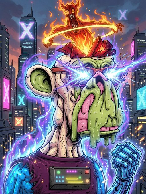 A vibrant digital illustration of a grotesque green-skinned character with a flaming crown and glowing purple energy eyes, set against a cyberpunk cityscape with 'X' logos displayed on buildings.