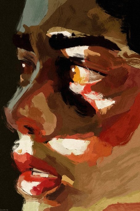 An expressive, abstract painted portrait showing fragmented features in bold strokes of red, brown, black, and white against a dark background.