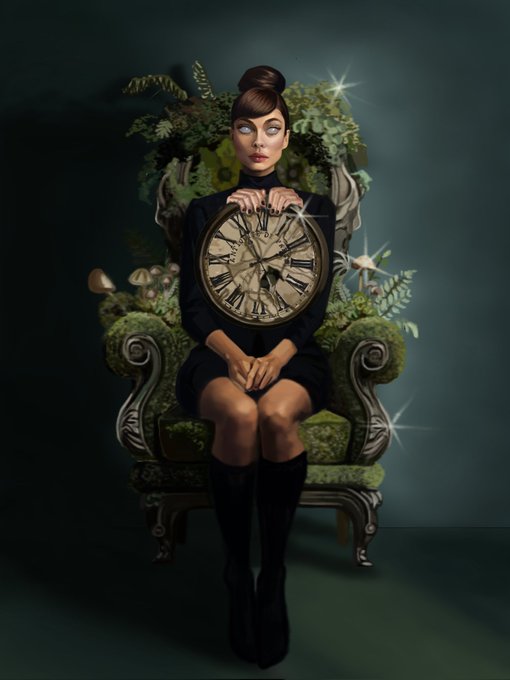 A surreal portrait of a woman in a black outfit seated on an ornate moss-covered chair, holding a large clock that obscures her torso, surrounded by ferns and glowing star-like lights against a dark green background.