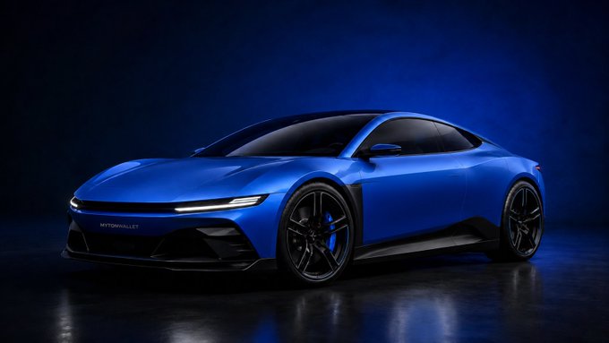 The image features a blue sports car with black wheels, parked indoors against a dark background. The car's design and color scheme are striking, making it an eye-catching subject for the accompanying post.