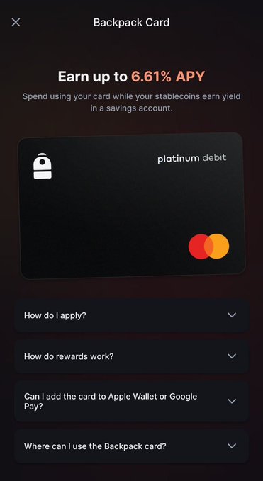 The image shows a "Backpack Card" screen advertising "Earn up to 6.61% APY" with a platinum debit card and FAQ sections about applying, rewards, Apple/Google Pay compatibility, and where to use the card.

The post announces Backpack's U Card launch, highlighting its accessibility for Chinese nationals with WeChat/Alipay binding, 6%+ yield on balances, and current VIP beta testing.
